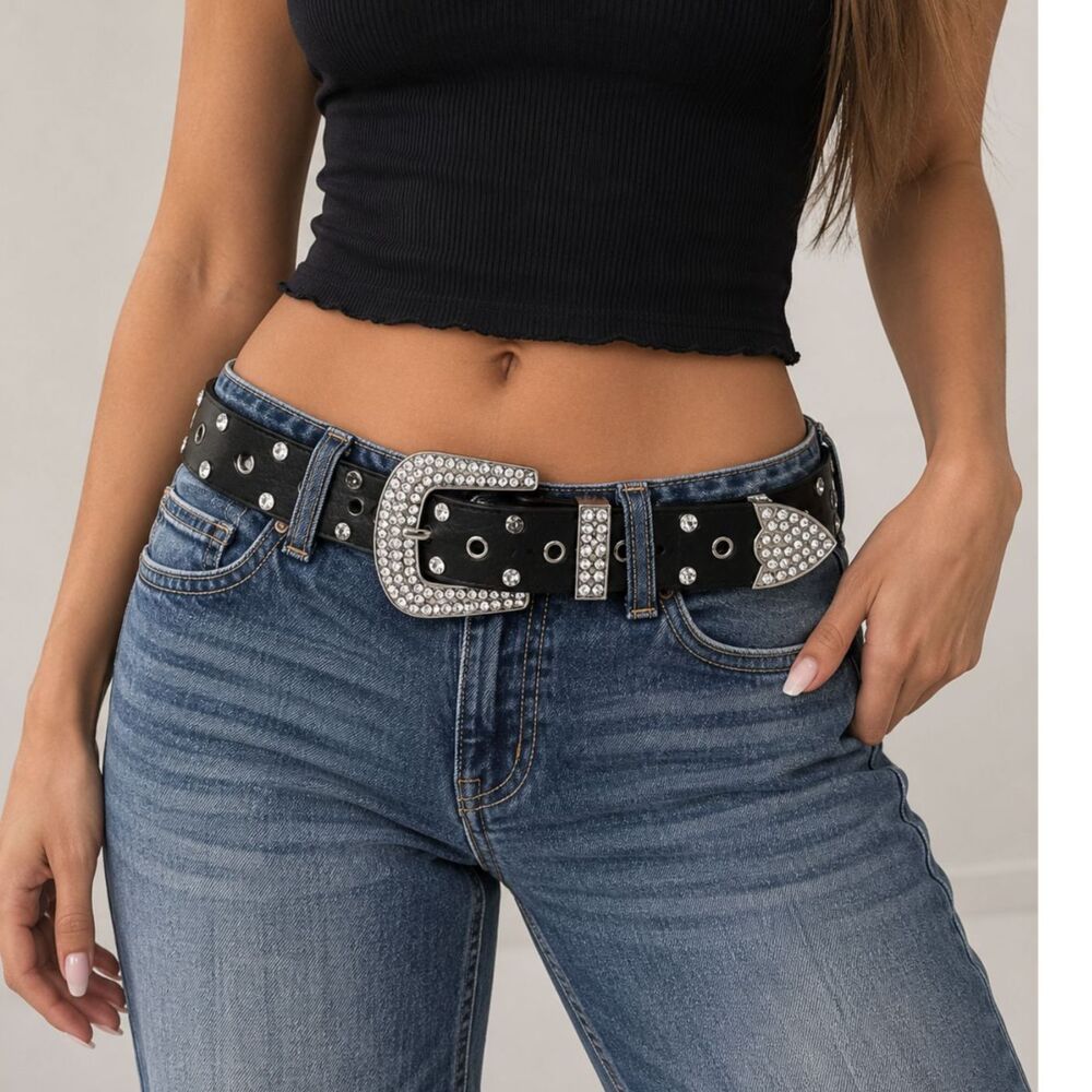 True Religion Black Rhinestone Belt M/L Bling Crystal Y2K McBling Western Studs